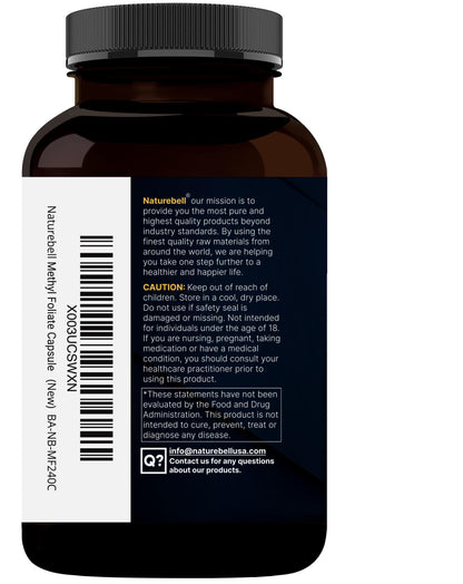 NatureBell L-Methylfolate 15mg | 240 Veggie Capsules | 5-MTHF + 1000mcg B12 – Energy & Cognitive Support