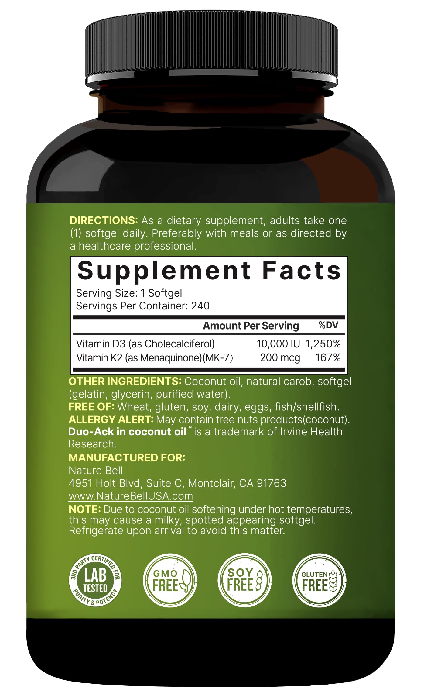 NatureBell Vitamin D3 10,000 IU + K2 200 mcg (MK-7) - 240 Softgels, Coconut Oil, Non-GMO