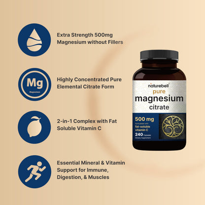 NatureBell Magnesium Citrate 500mg, 240 Capsules | High-Purity Elemental Form | Non-GMO, Gluten-Free