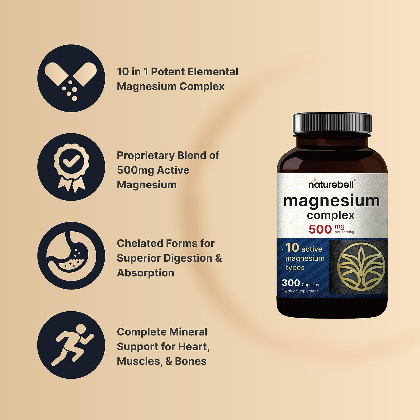 NatureBell Magnesium Complex 500mg – 10 Active Forms, 300 Caps