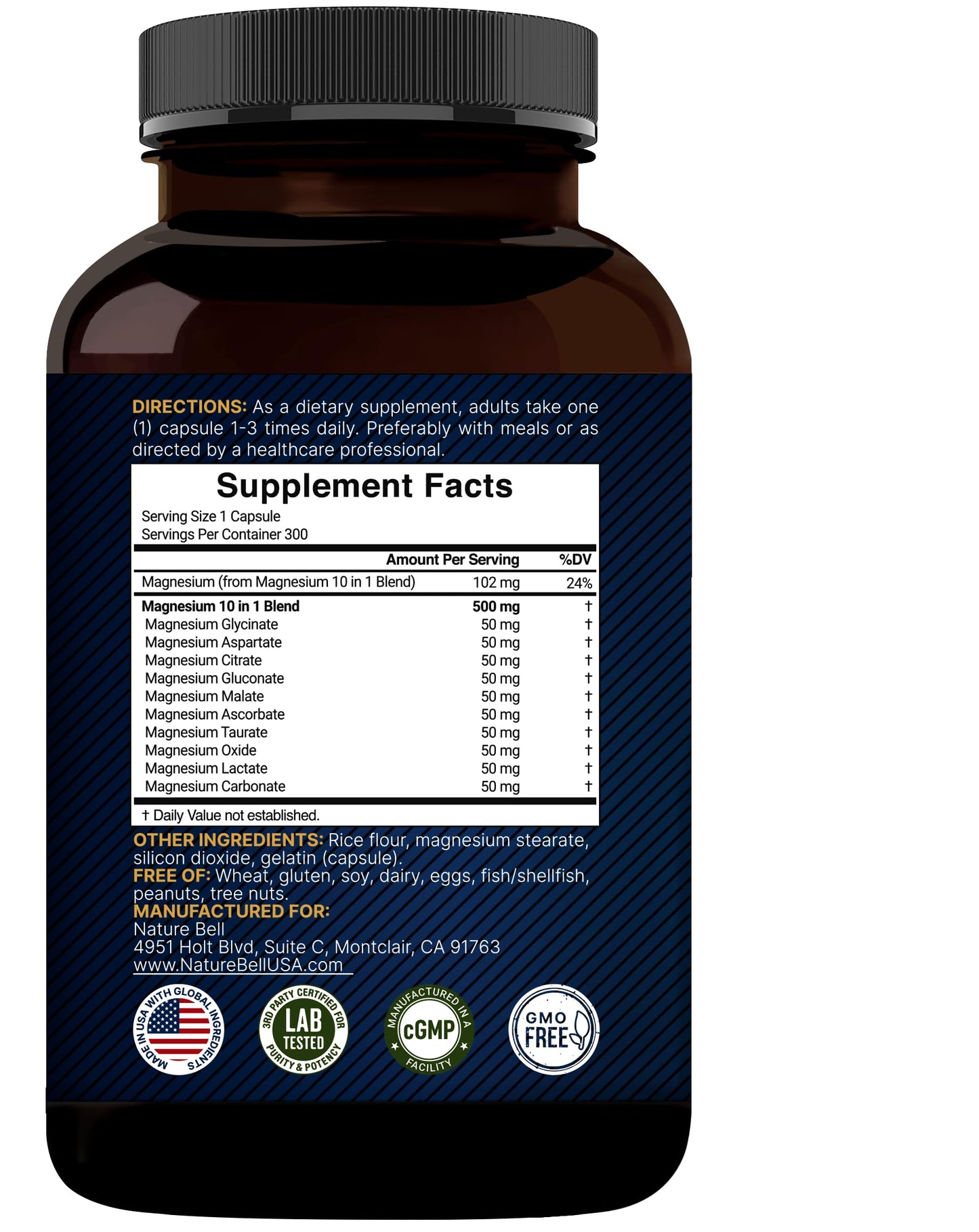 NatureBell Magnesium Complex 500mg – 10 Active Forms, 300 Caps