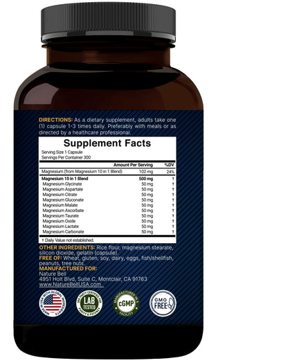 NatureBell Magnesium Complex 500mg – 10 Active Forms, 300 Caps