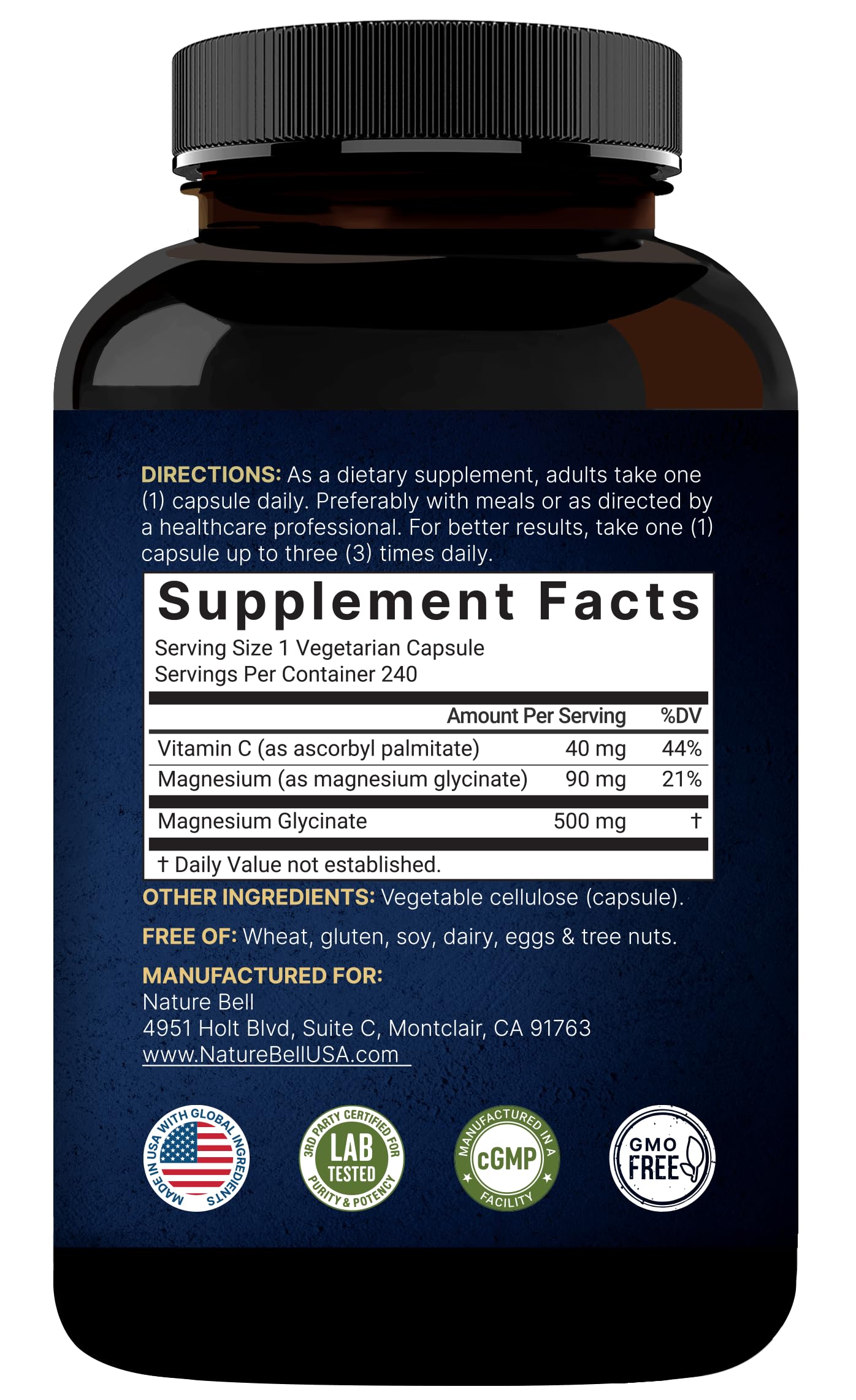 NatureBell Magnesium Glycinate 500mg Capsules – 480 Count | Chelated, 3rd-Party Tested, Non-GMO, Gluten Free