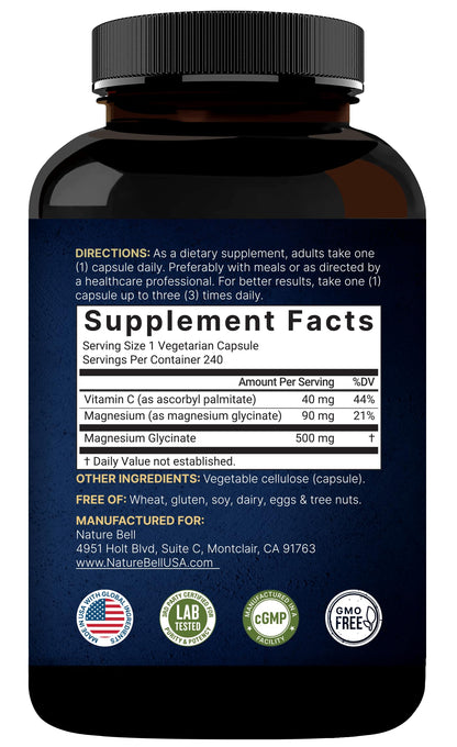 NatureBell Magnesium Glycinate 500mg Capsules – 480 Count | Chelated, 3rd-Party Tested, Non-GMO, Gluten Free