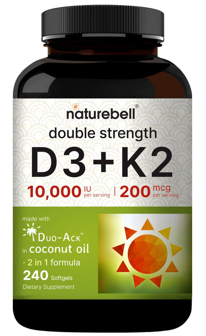NatureBell Vitamin D3 10,000 IU + K2 200 mcg (MK-7) - 240 Softgels, Coconut Oil, Non-GMO