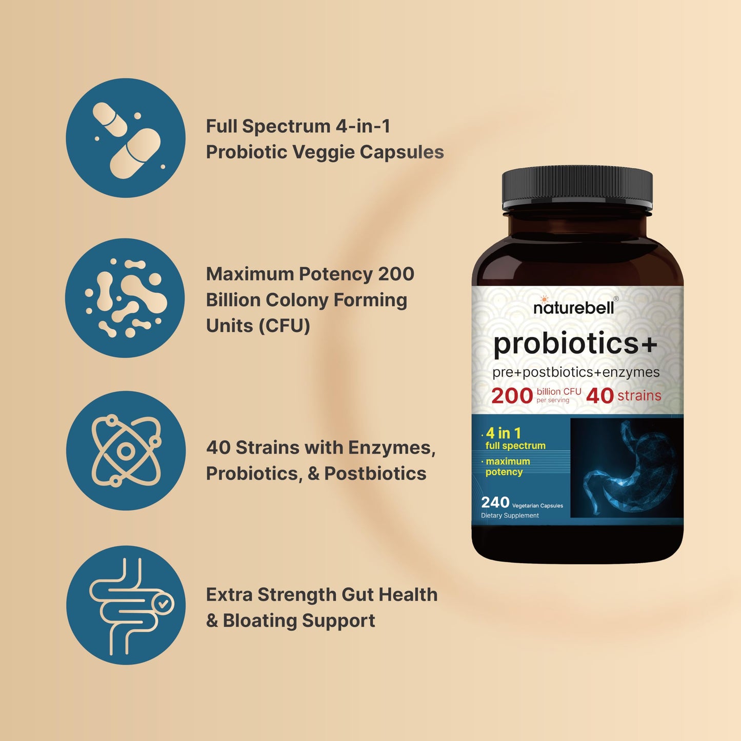 NatureBell Probiotic 200B CFU – 40 Strains | 240 Veggie Capsules