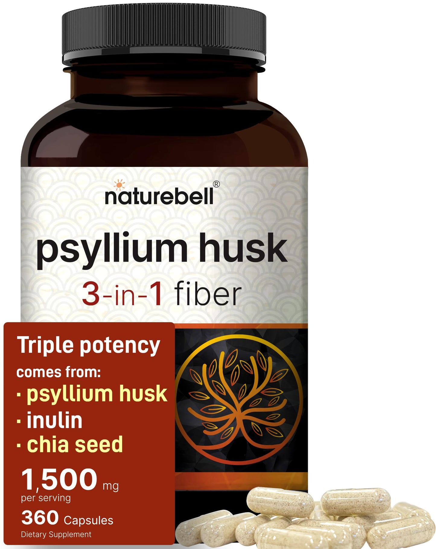 NatureBell Psyllium Husk Fiber – 1,500mg/Serving, 360 Capsules | Organic, Non-GMO
