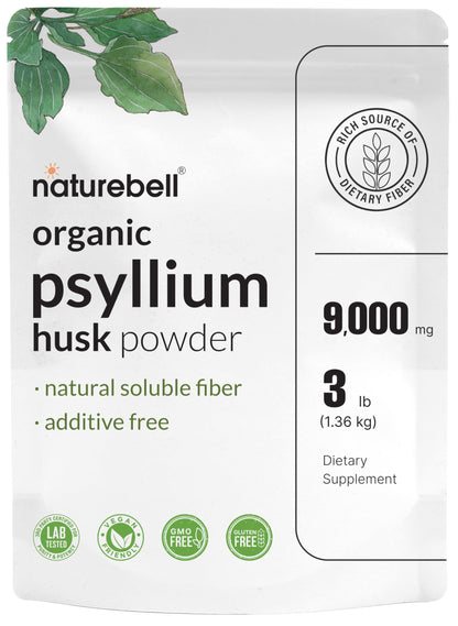 NatureBell Psyllium Husk Fiber Powder – 9,000mg per Serving, 3lb (48oz) – Organic Soluble Fiber for Digestive & Gut Health, Plant-Based, Unflavored, Non-GMO, Gluten-Free