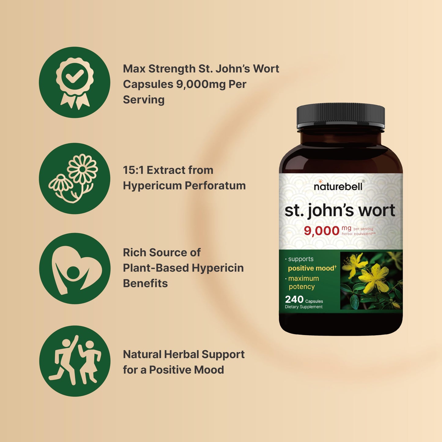 NatureBell St. John’s Wort 9,000mg | 240 Capsules | 15:1 Extract | Positive Mood Support | Non-GMO