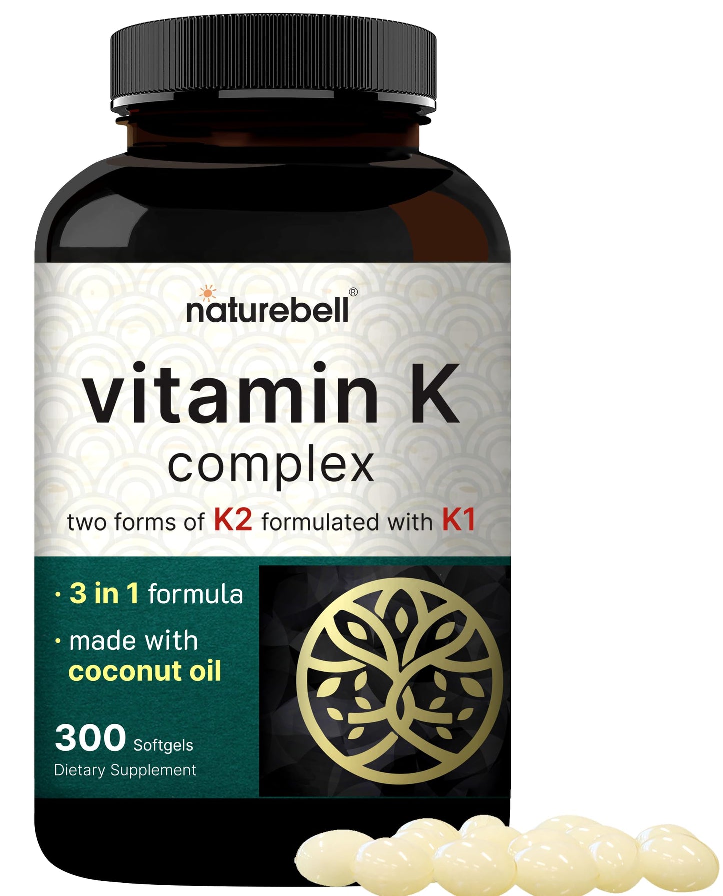 NatureBell Vitamin K Complex K1+K2 (MK-7/MK-4) 2600mcg | 300 Softgels | Non-GMO