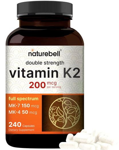 NatureBell Vitamin K2 MK-7 & MK-4 – 200 mcg, 240 Capsules – 2-in-1 K Complex