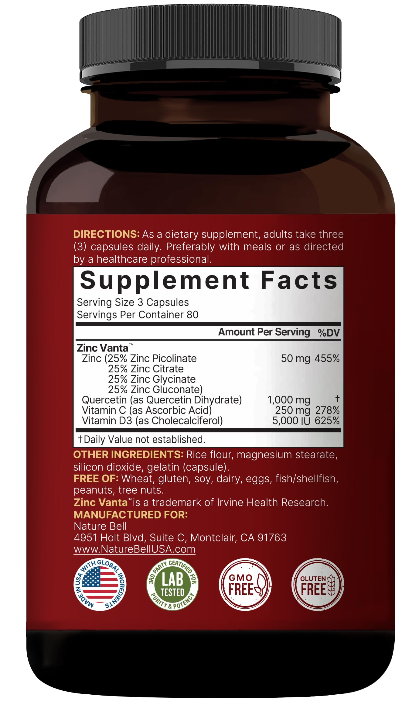 NatureBell Zinc Quercetin + Vitamin C & D3, 240 Caps | 4-in-1 Immune & Lung Support