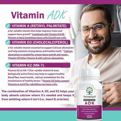 NatureGenX ADK Vitamin Supplement 5000 IU | Vitamin A, D3 & K2 for Bone Health