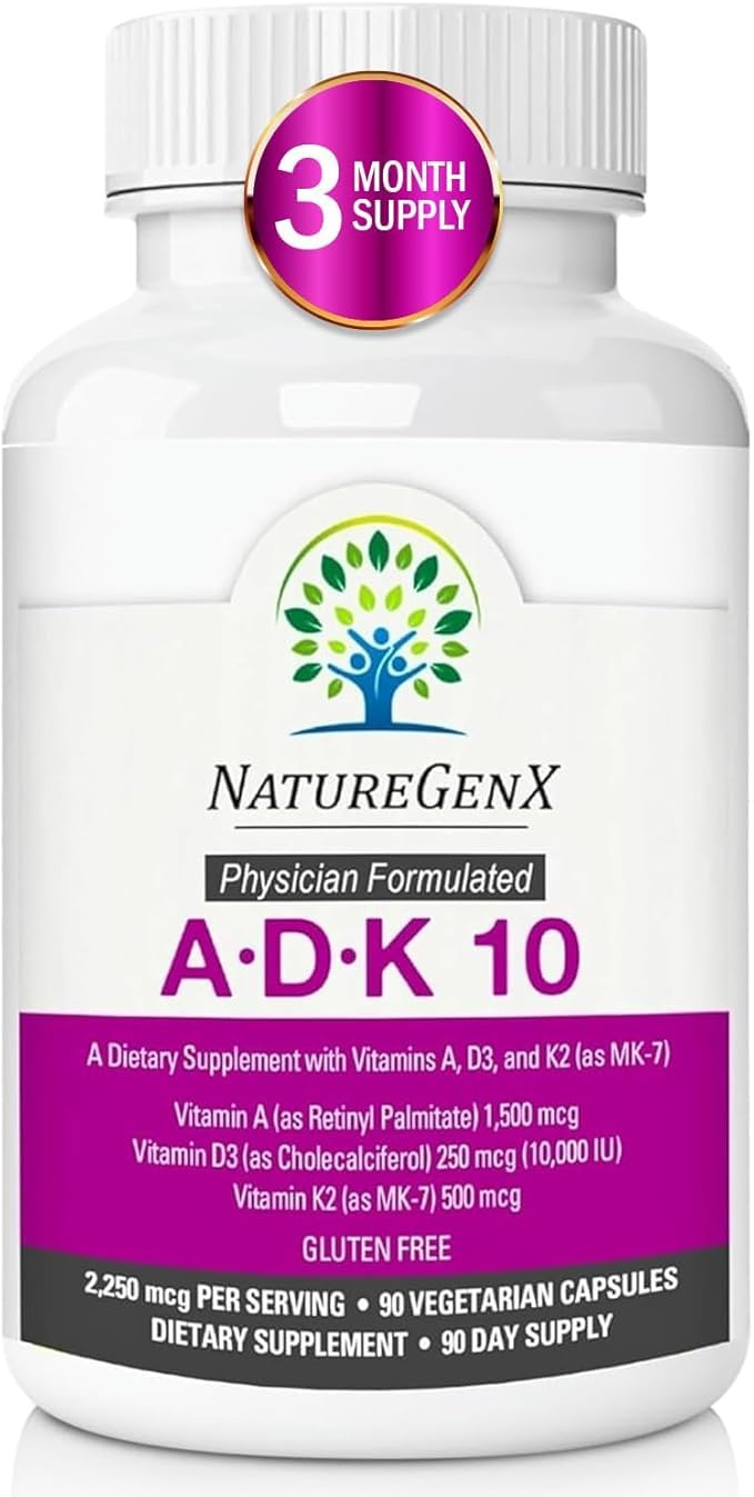 NatureGenX ADK10 – High Potency Vitamin ADK (D3 10,000 IU, K2 MK-7) | Bone, Immune & Heart Support | 90 Capsules