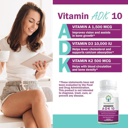 NatureGenX ADK10 – High Potency Vitamin ADK (D3 10,000 IU, K2 MK-7) | Bone, Immune & Heart Support | 90 Capsules