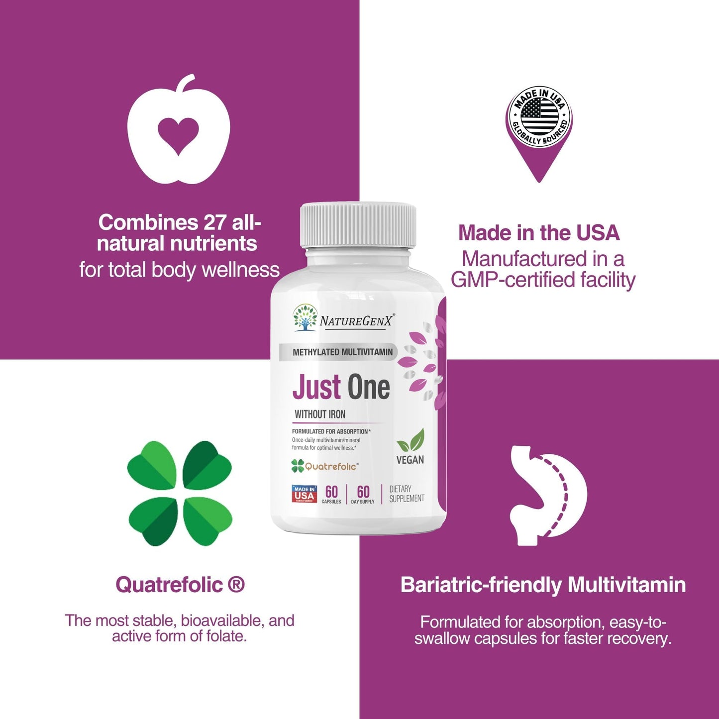 NatureGenX Just One Daily Methylated Multivitamin – 60 Vegan Capsules, USA-Made, Iron-Free