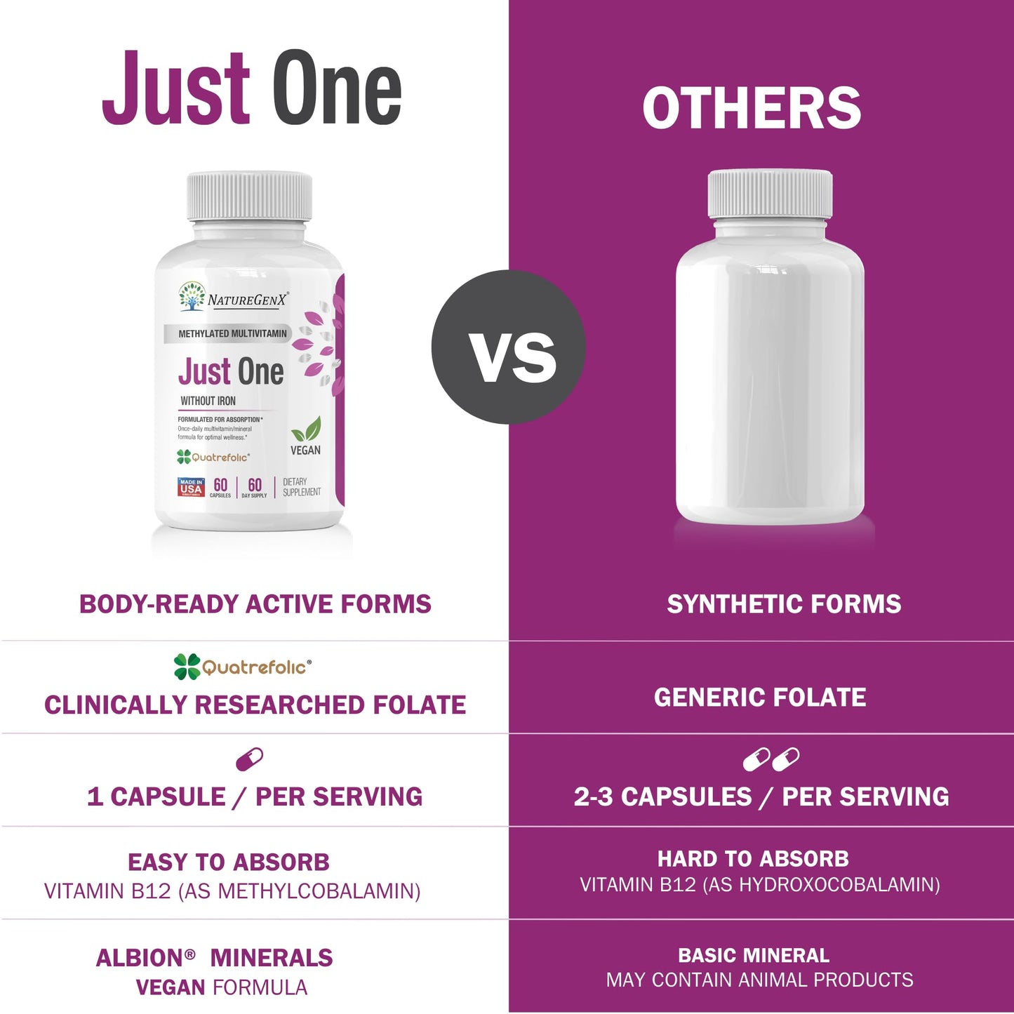 NatureGenX Just One Daily Methylated Multivitamin - 60 Caps, 2-Month Supply, Iron-Free, MTHFR Support, Gluten Free