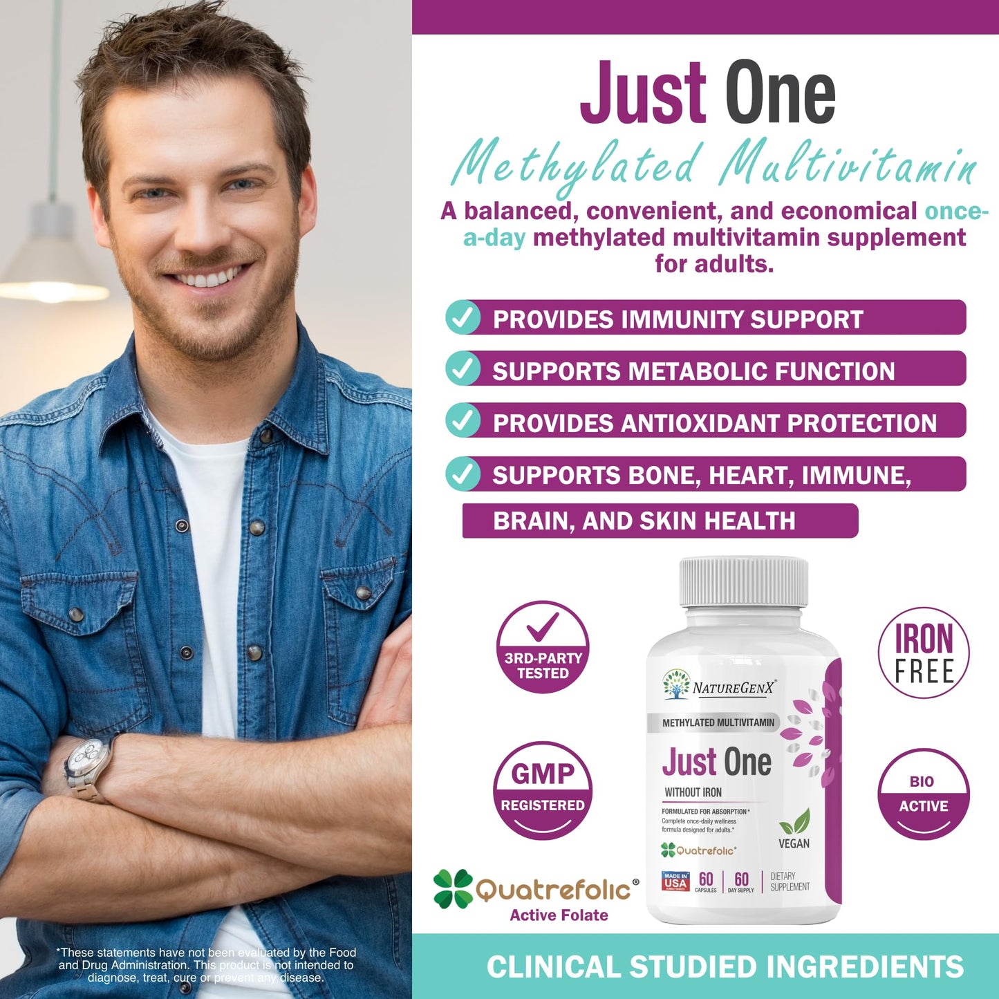 NatureGenX Just One Daily Methylated Multivitamin - 60 Caps, 2-Month Supply, Iron-Free, MTHFR Support, Gluten Free