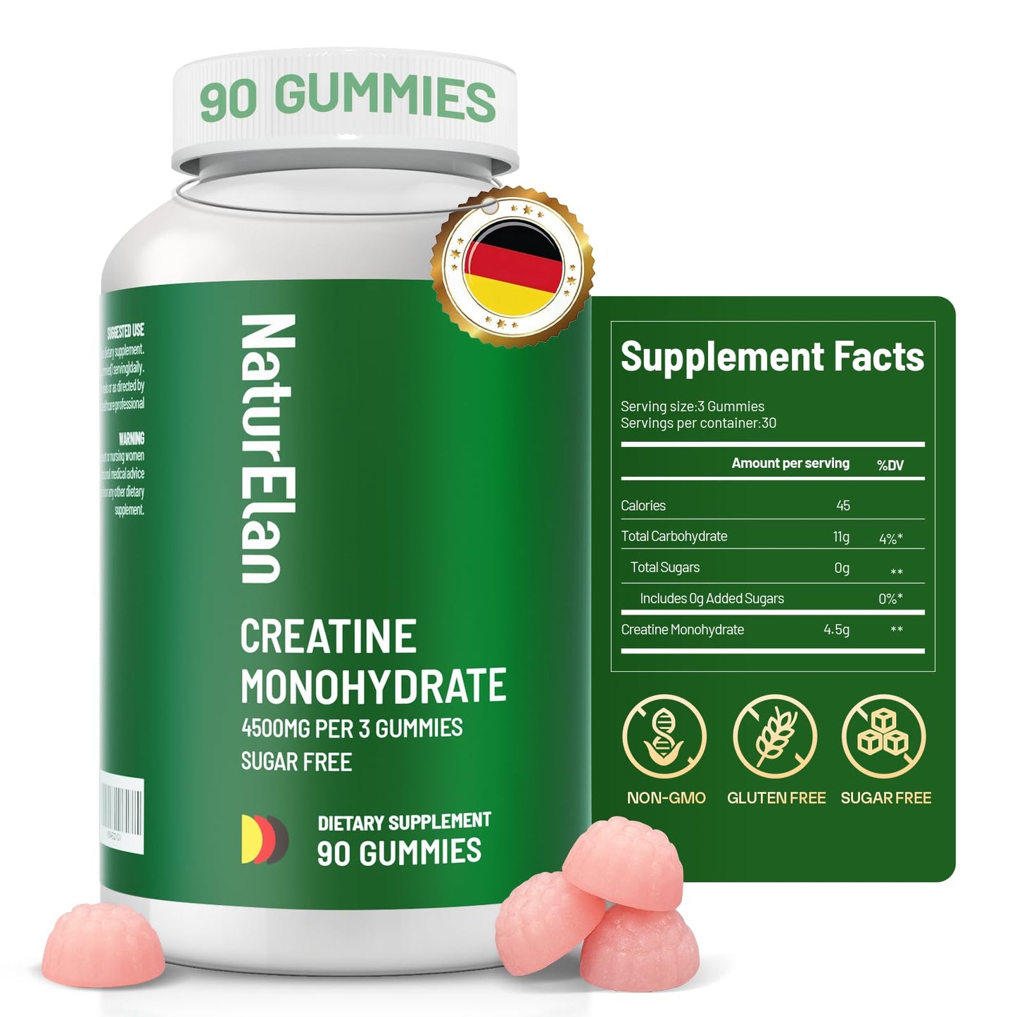 NaturElan Creatine Monohydrate Gummies – Sugar Free, No Gelatin, Vegan, Third-Party Tested | Pre-Workout & Recovery