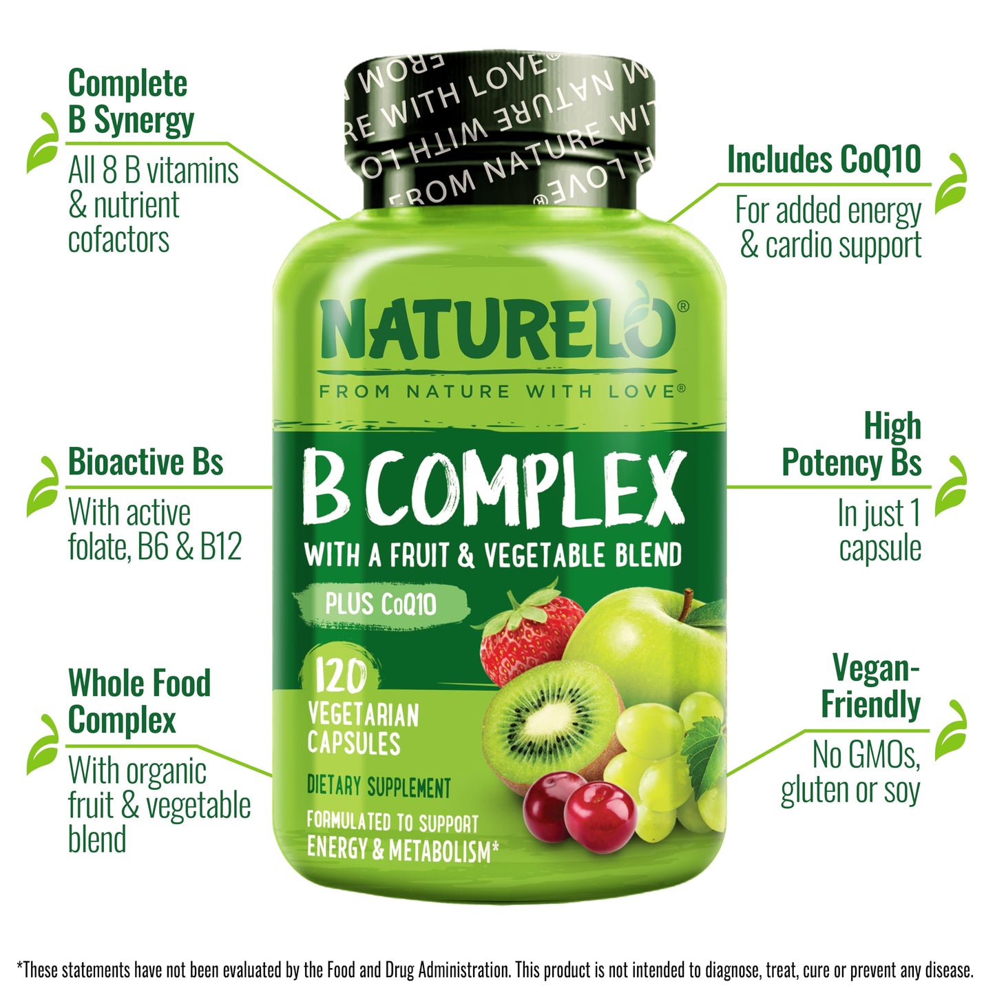 NATURELO Vitamin B Complex – 120 Capsules, Vegan, CoQ10 & Methyl Folate