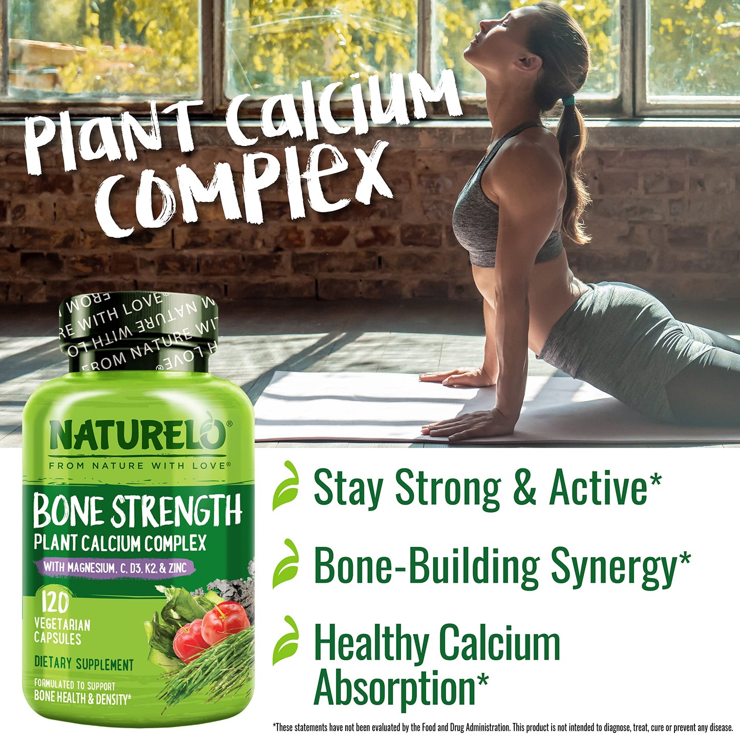 NATURELO Calcium 600 mg with D3, K2, Magnesium & Zinc – Plant-Based, 120 Veggie Capsules