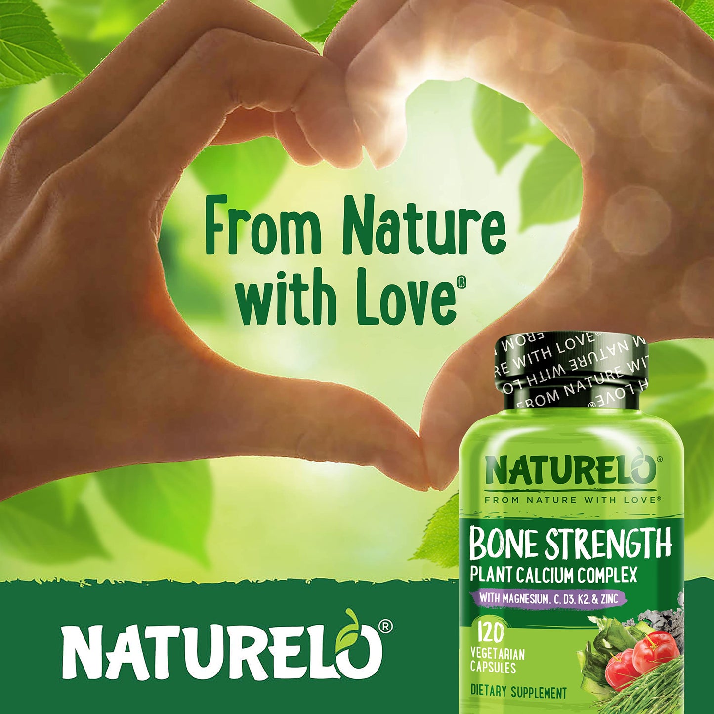 NATURELO Calcium 600 mg with D3, K2, Magnesium & Zinc – Plant-Based, 120 Veggie Capsules