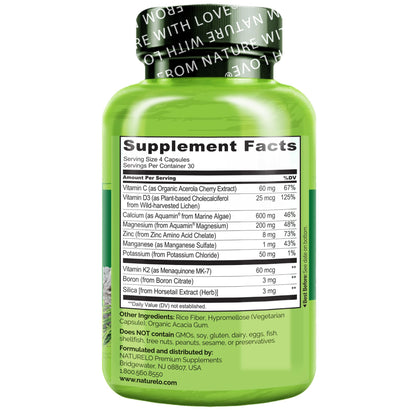 NATURELO Calcium 600 mg with D3, K2, Magnesium & Zinc – Plant-Based, 120 Veggie Capsules