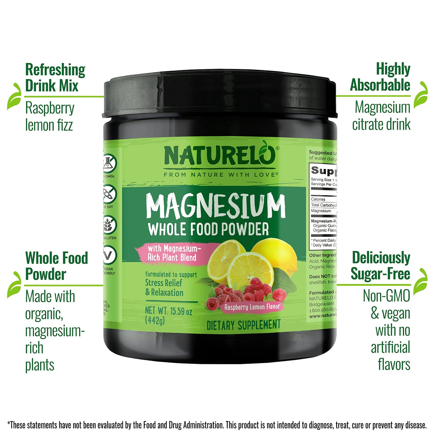 Naturelo Magnesium Powder – Whole Food Calm Magnesium with Quinoa, Cauliflower & Flaxseed (Raspberry Lemon, 85 Servings, 15oz)