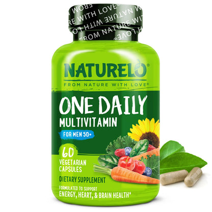 NATURELO Men's Multivitamin 50+ | One Daily Vitamin with Organic Whole Foods | Non-GMO, 60 Veg Capsules
