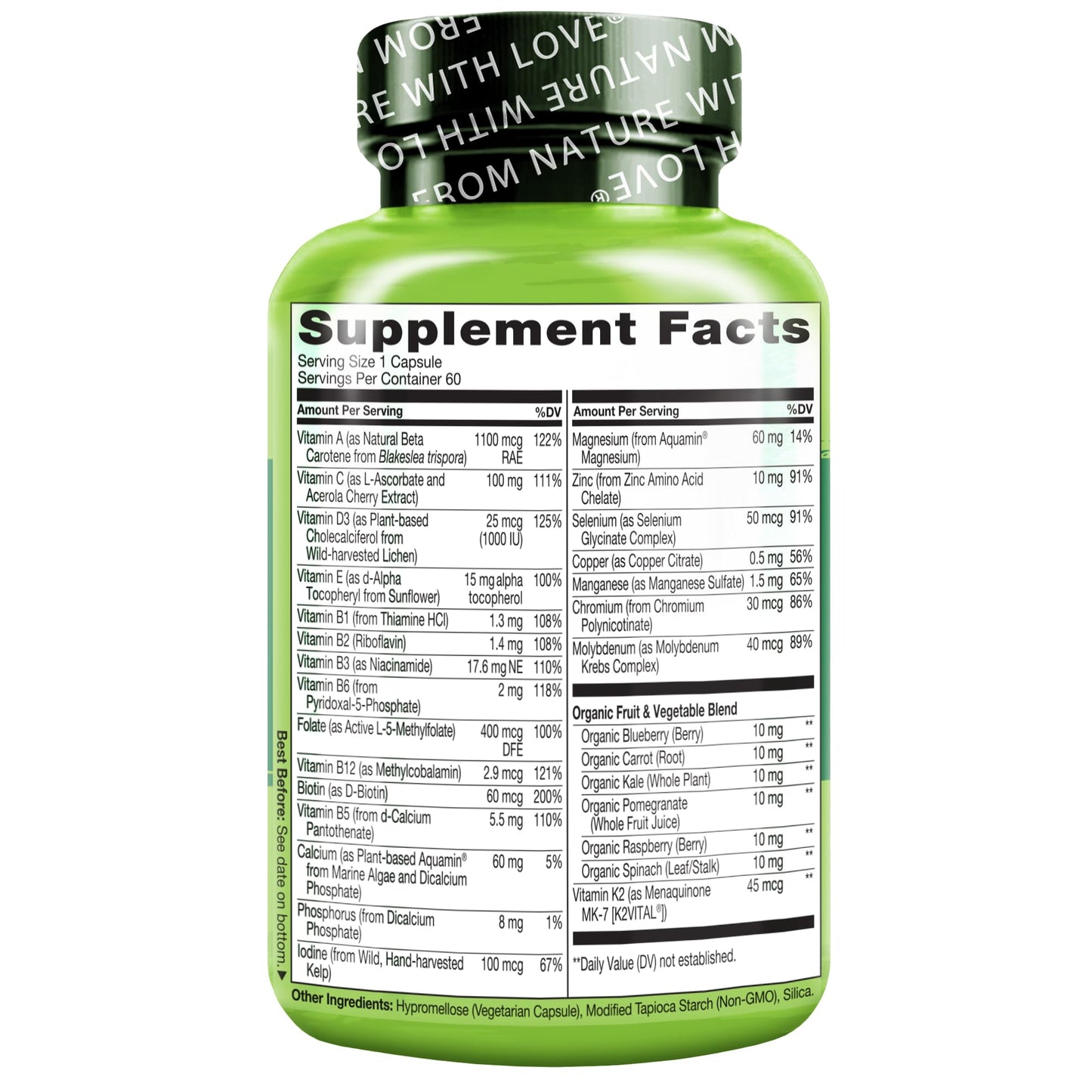 NATURELO Men's Multivitamin 50+ | One Daily Vitamin with Organic Whole Foods | Non-GMO, 60 Veg Capsules