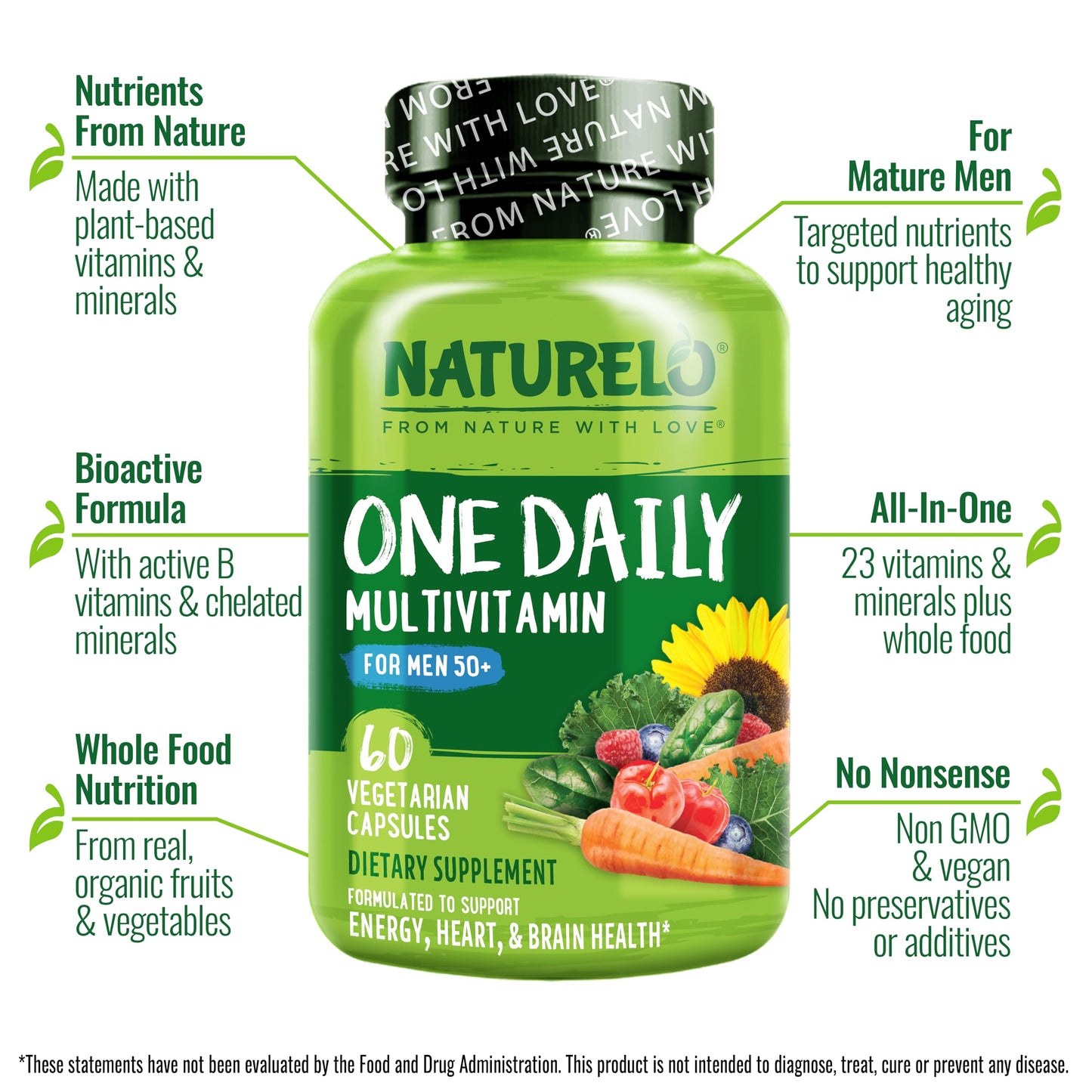 NATURELO Men's Multivitamin 50+ | One Daily Vitamin with Organic Whole Foods | Non-GMO, 60 Veg Capsules
