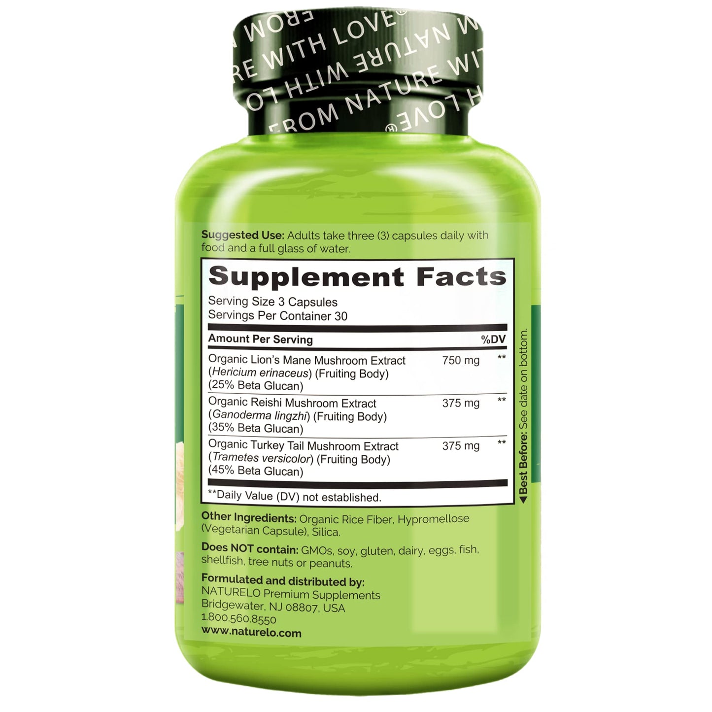 NATURELO Mushroom Supplement – Brain & Immune Blend with Lion’s Mane, Reishi & Turkey Tail – 90 Vegan Capsules