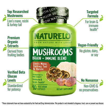 NATURELO Mushroom Supplement – Brain & Immune Blend with Lion’s Mane, Reishi & Turkey Tail – 90 Vegan Capsules
