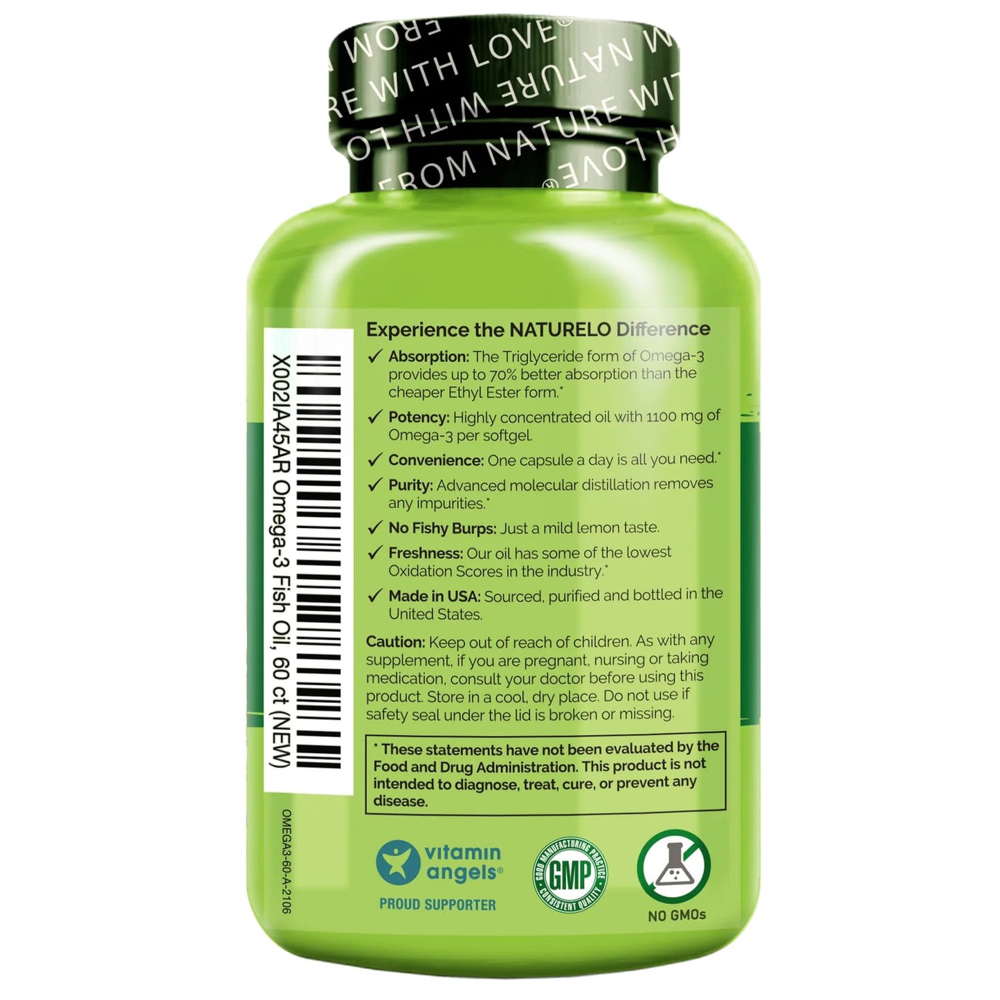Naturelo Burpless Omega-3 Fish Oil 1100mg TG – EPA + DHA, 60 Softgels