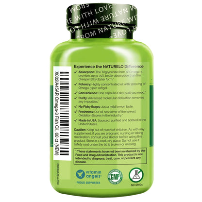 Naturelo Burpless Omega-3 Fish Oil 1100mg TG – EPA + DHA, 60 Softgels