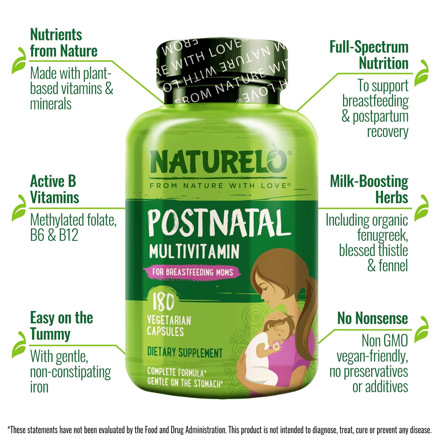 NATURELO Postnatal Multivitamin for Nursing Moms – Plant-Based Nutrition (180 Capsules)