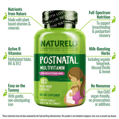 NATURELO Postnatal Multivitamin for Nursing Moms – Plant-Based Nutrition (180 Capsules)