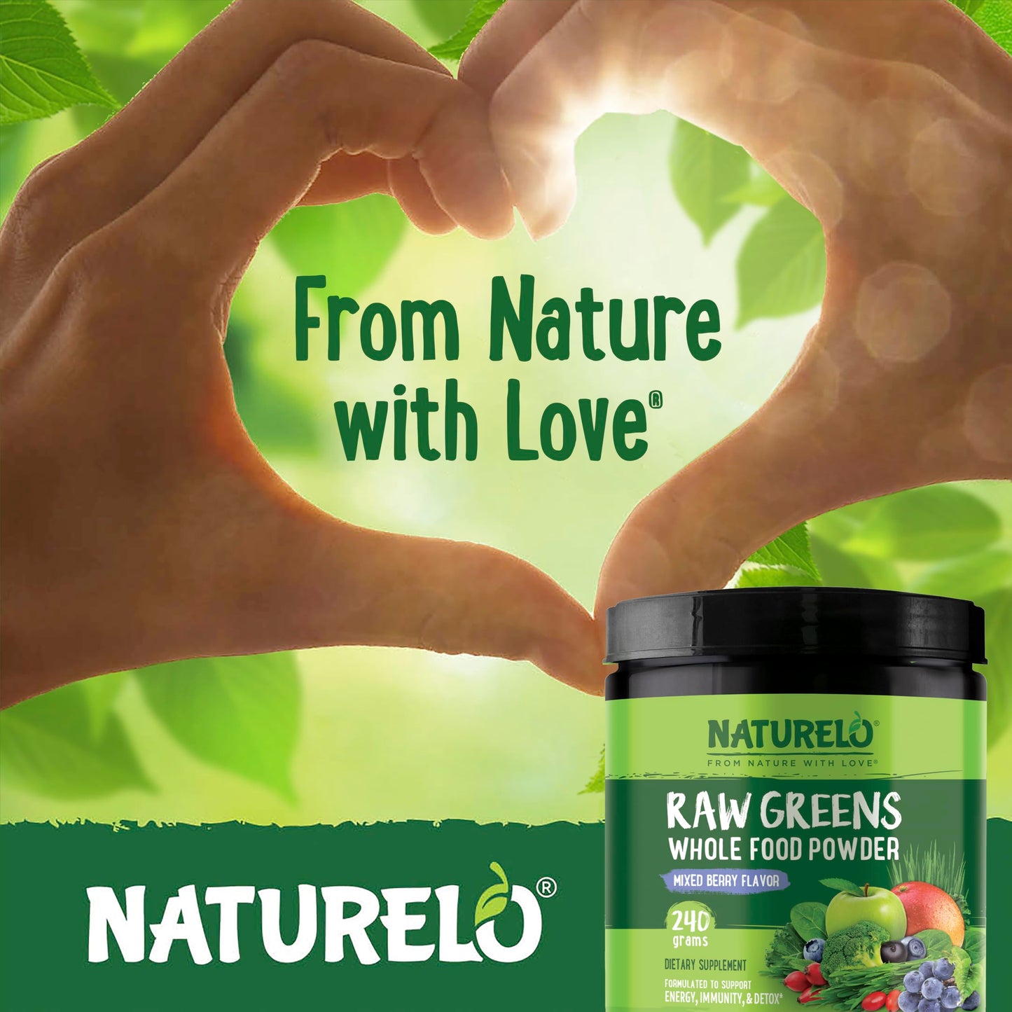 NATURELO Raw Greens Superfood Powder 240g – Mixed Berry | Energy, Immunity & Detox