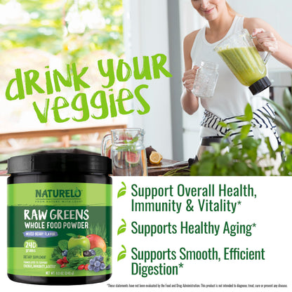 NATURELO Raw Greens Superfood Powder 240g – Mixed Berry | Energy, Immunity & Detox
