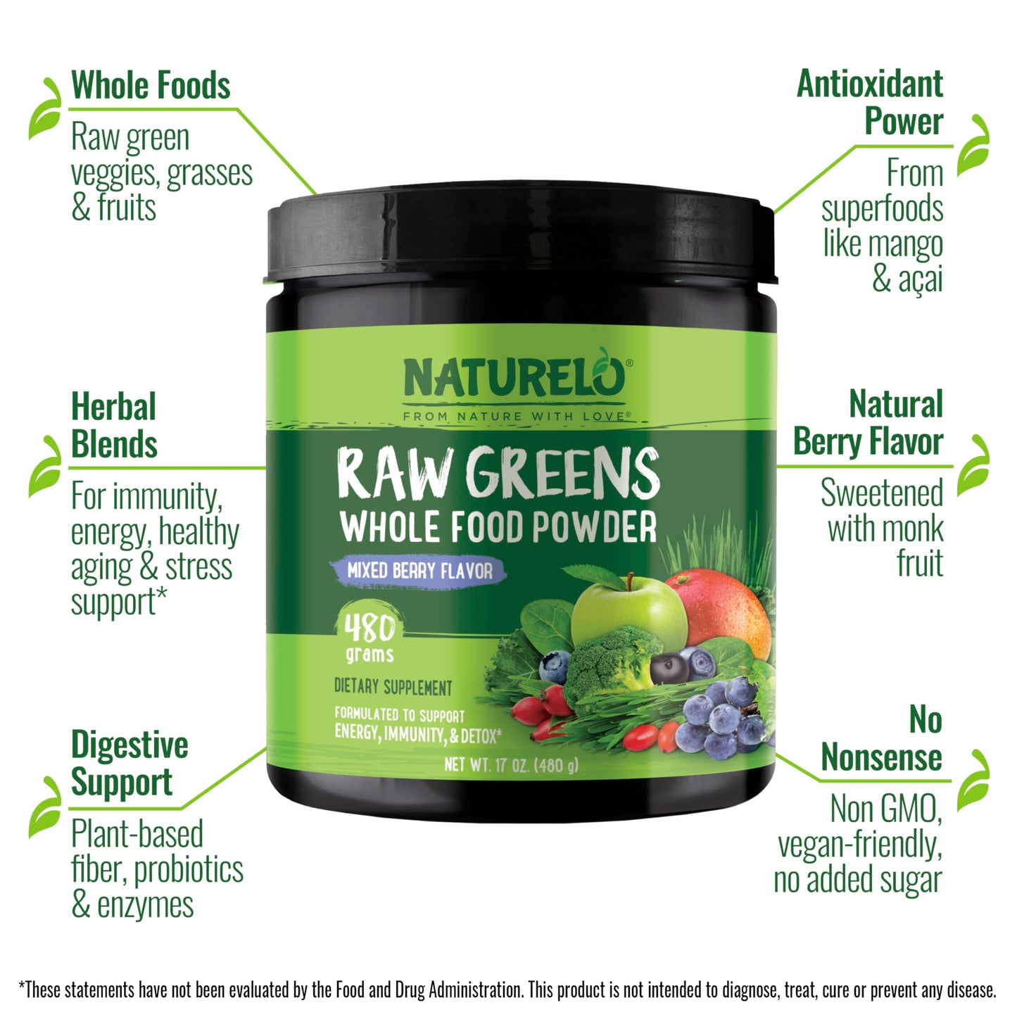 NATURELO Raw Greens Powder – Mixed Berry, 480 g | Energy, Immunity & Detox Support