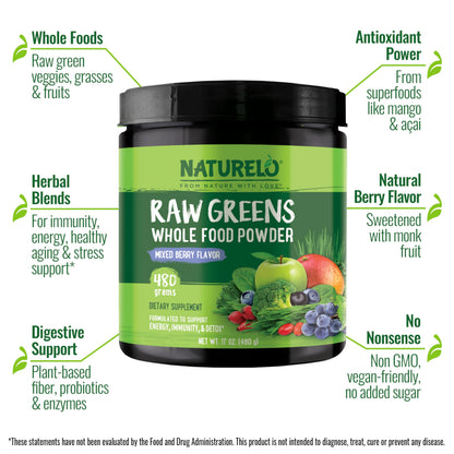 NATURELO Raw Greens Powder – Mixed Berry, 480 g | Energy, Immunity & Detox Support