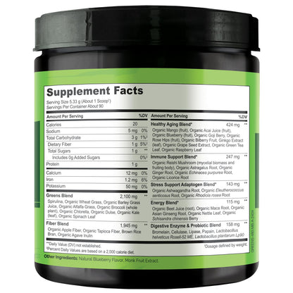 NATURELO Raw Greens Powder – Mixed Berry, 480 g | Energy, Immunity & Detox Support