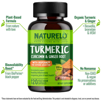 NATURELO Turmeric Curcumin with BioPerine - Plant-Based Joint Support (120 Vegan Capsules)