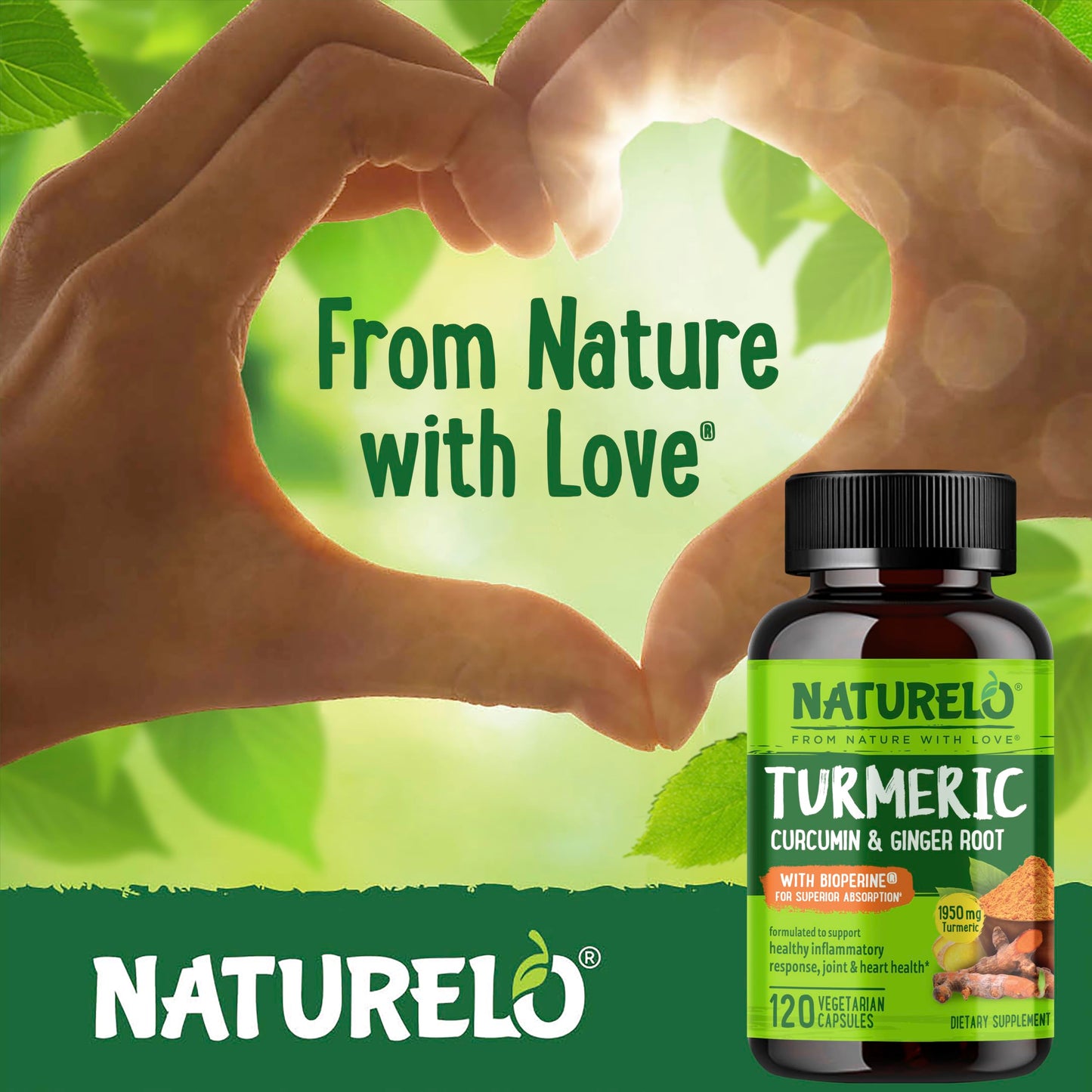 NATURELO Turmeric Curcumin with BioPerine - Plant-Based Joint Support (120 Vegan Capsules)