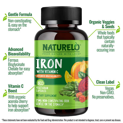 NATURELO Vegan Iron Supplement with Vitamin C | Gentle Ferrous Bisglycinate