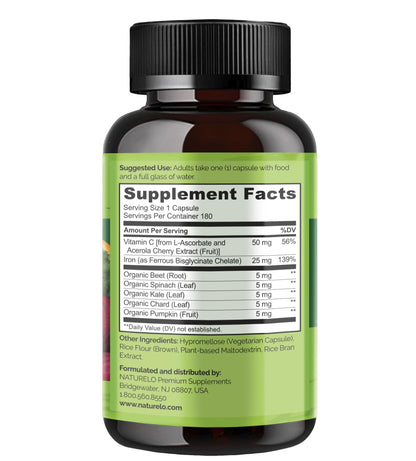 NATURELO Vegan Iron Supplement with Vitamin C | Gentle Ferrous Bisglycinate