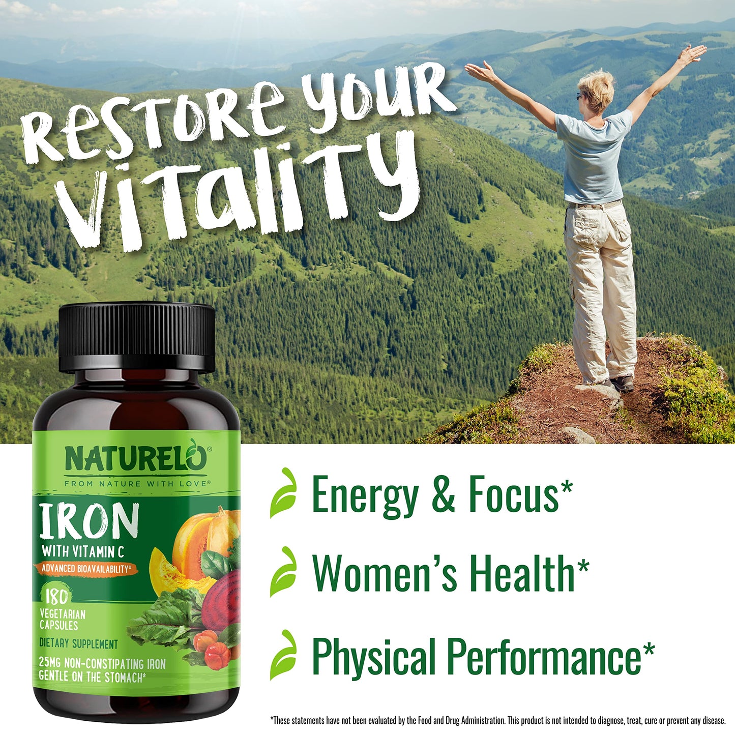 NATURELO Vegan Iron Supplement with Vitamin C | Gentle Ferrous Bisglycinate