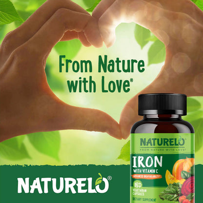 NATURELO Vegan Iron Supplement with Vitamin C | Gentle Ferrous Bisglycinate