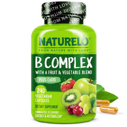 NATURELO Vitamin B Complex – 240 Vegan Capsules with CoQ10 | Methylated B Vitamins