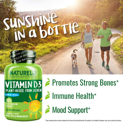 NATURELO Vitamin D3 2500 IU - Plant-Based from Lichen | Vegan & Gluten Free